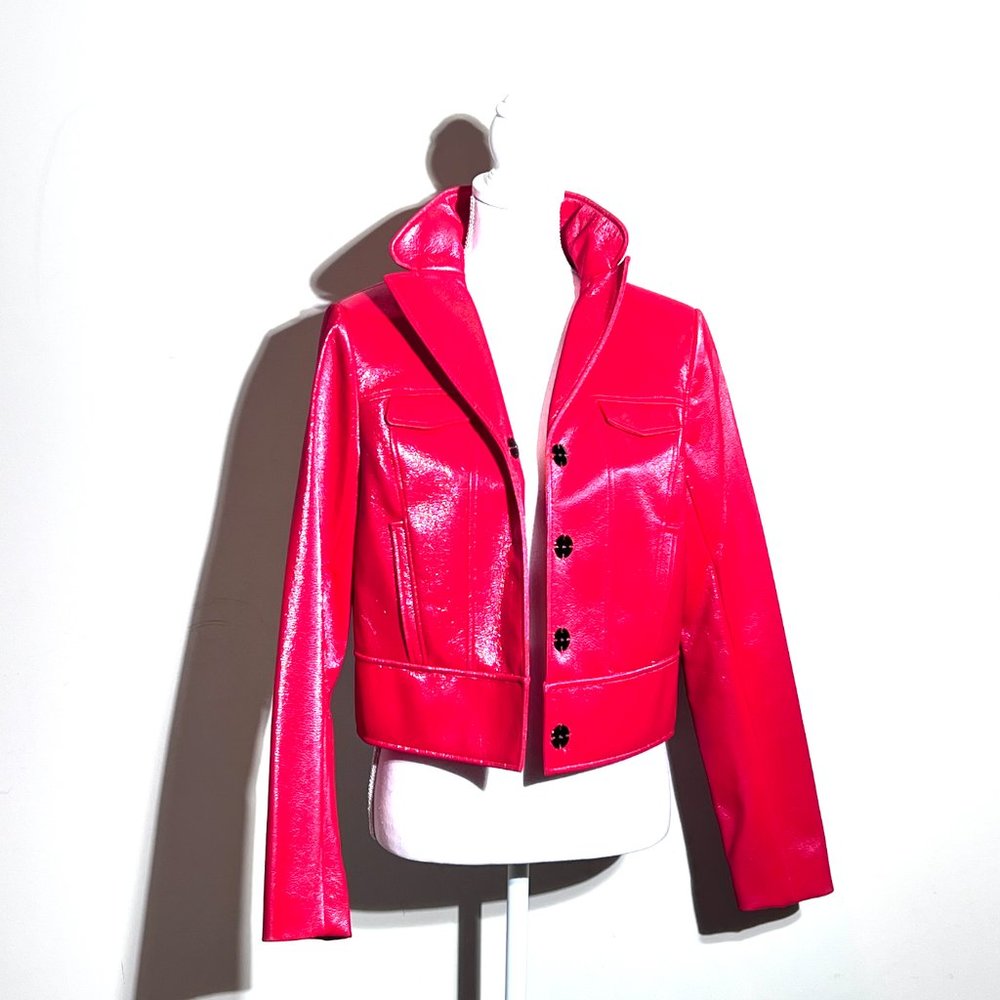 Tahari Red Patent Faux Vegan Leather Trucker Jacket Size Med